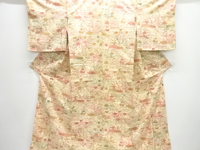 JAPANESE KIMONO / ANTIQUE KIMONO / SILK / TSUMUGI / STREAM & FLOWER